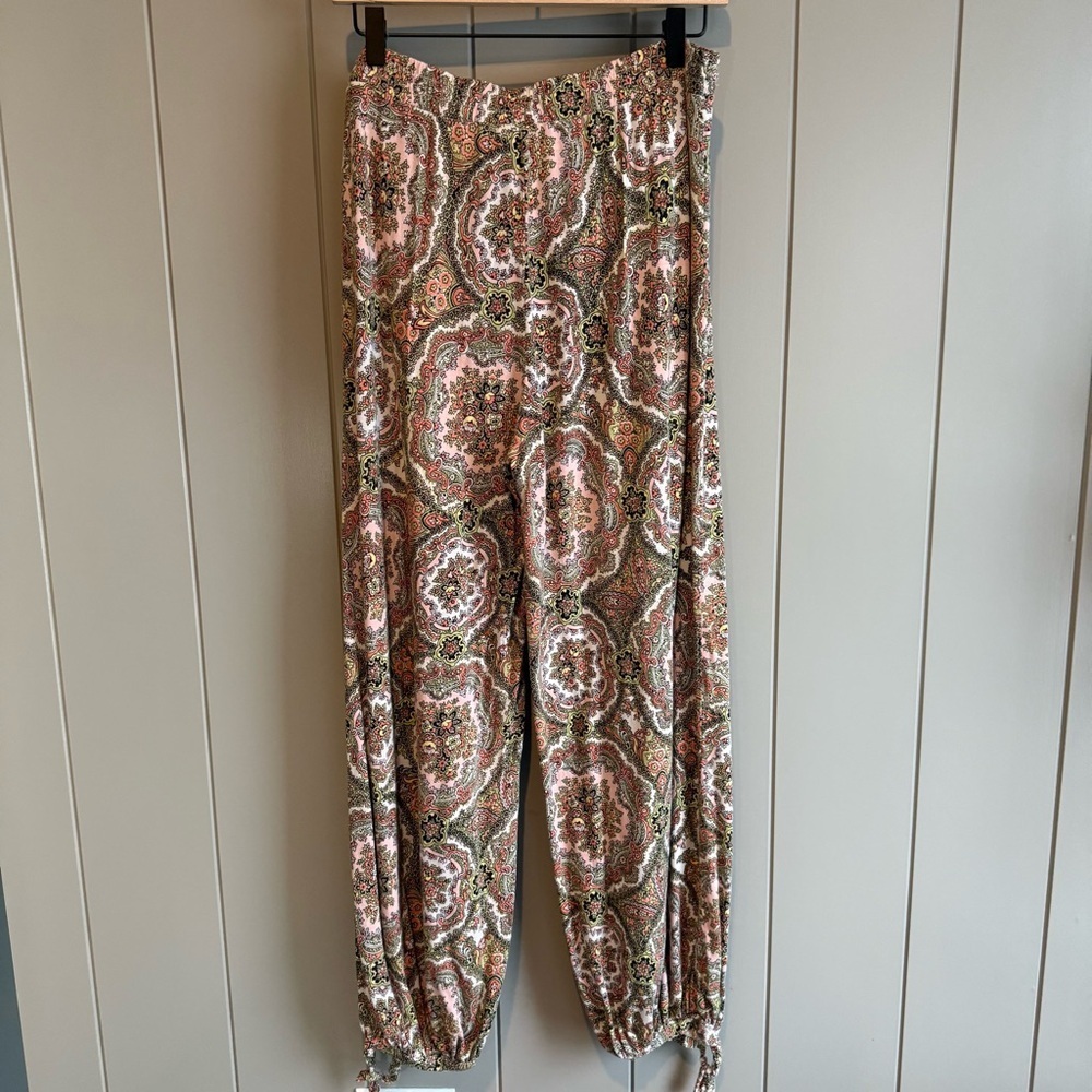 Anthropologie Artsy Boho Hippie Harem Pants Medium Paisley Pink Green White - Picture 4 of 13